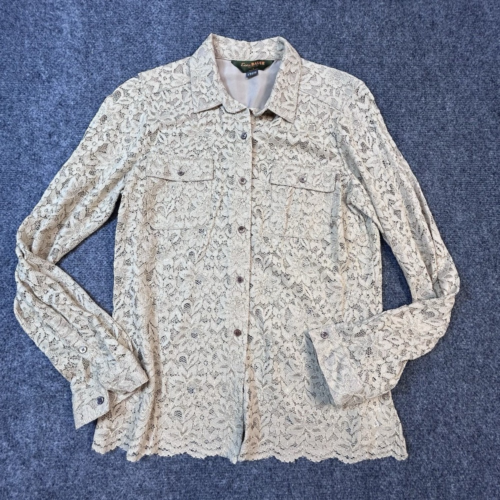 Eddie Bauer 1920 Lace Button Up Blouse Shirt Small Cream Beige Floral Sheer
